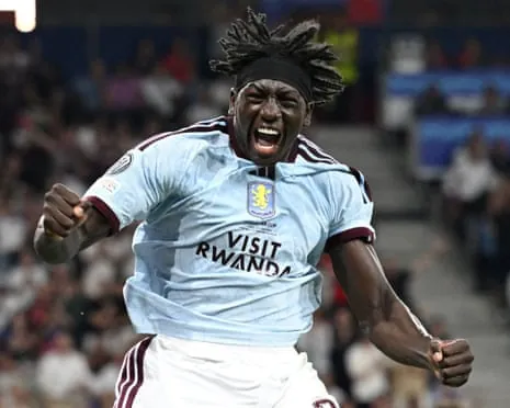 Aston Villa's Brian Madjo celebrates scoring their first goal in the Super Cup